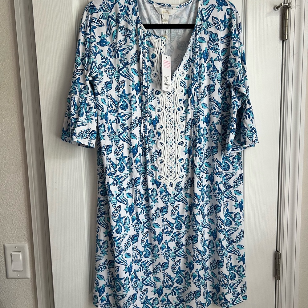 Lilly Pulitzer Teal and White Butterfly Short Sleeve Dress